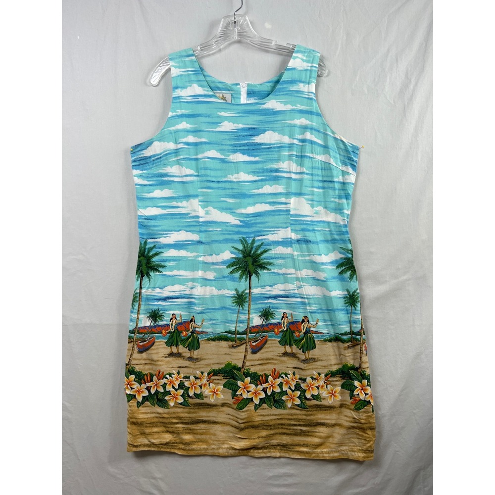 Ho Aloha Shift Dress Womens 2XL Blue Hawaiian Beach Scene Hula Made in Hawaii